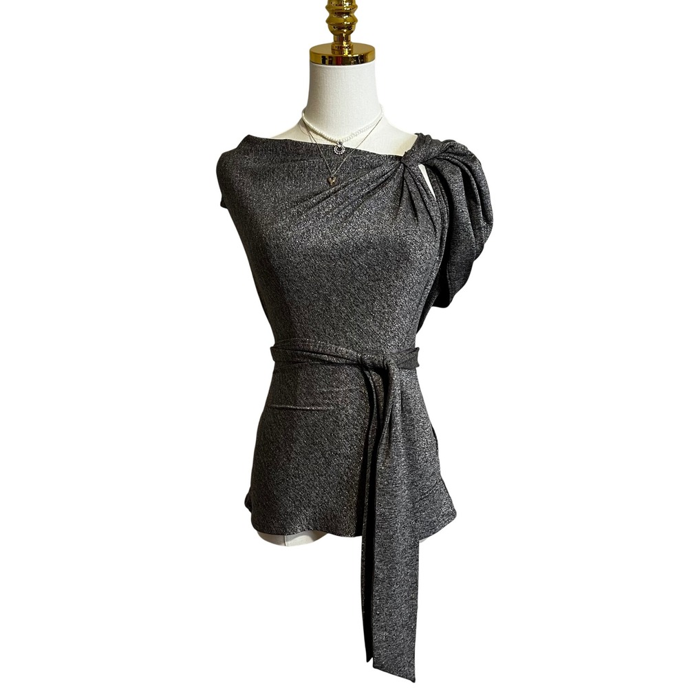 Trina Turk Metallic One Shoulder Knot Top Charcoal Grey Silver Lurex Small